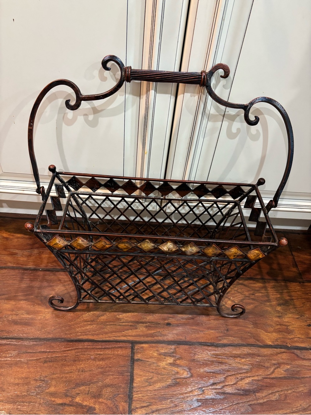 Vintage MCM Metal Magazine Rack with Amber Tile Accent - Unbranded